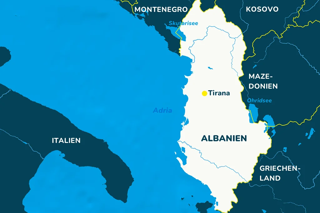 Landkarte Albaniens mit angrenzenden Ländern und der Hauptstadt Tirana