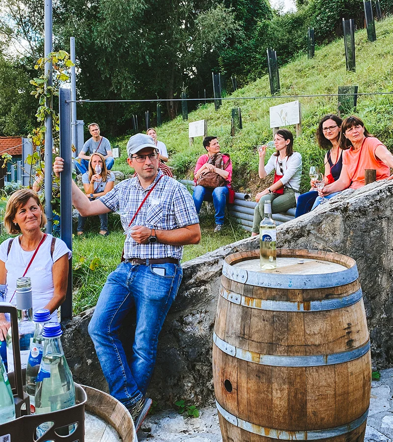 Unser starkes Team auf Betriebsausflug in den Weinbergen von Röttingen