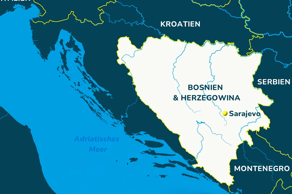 Landkarte von Bosnien und Herzegowina mit der Hauptstadt Sarajevo