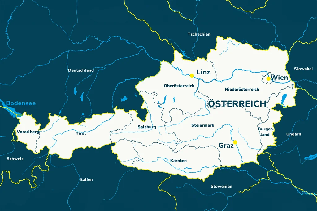 Landkarte von Österreich mit den Gebieten und den Städten Wien, Linz und Graz