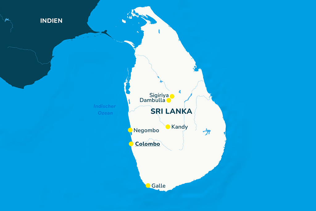 Die Landkarte von Sri Lanka mit der Hauptstadt Colombo und weiteren bekannten Städten.
