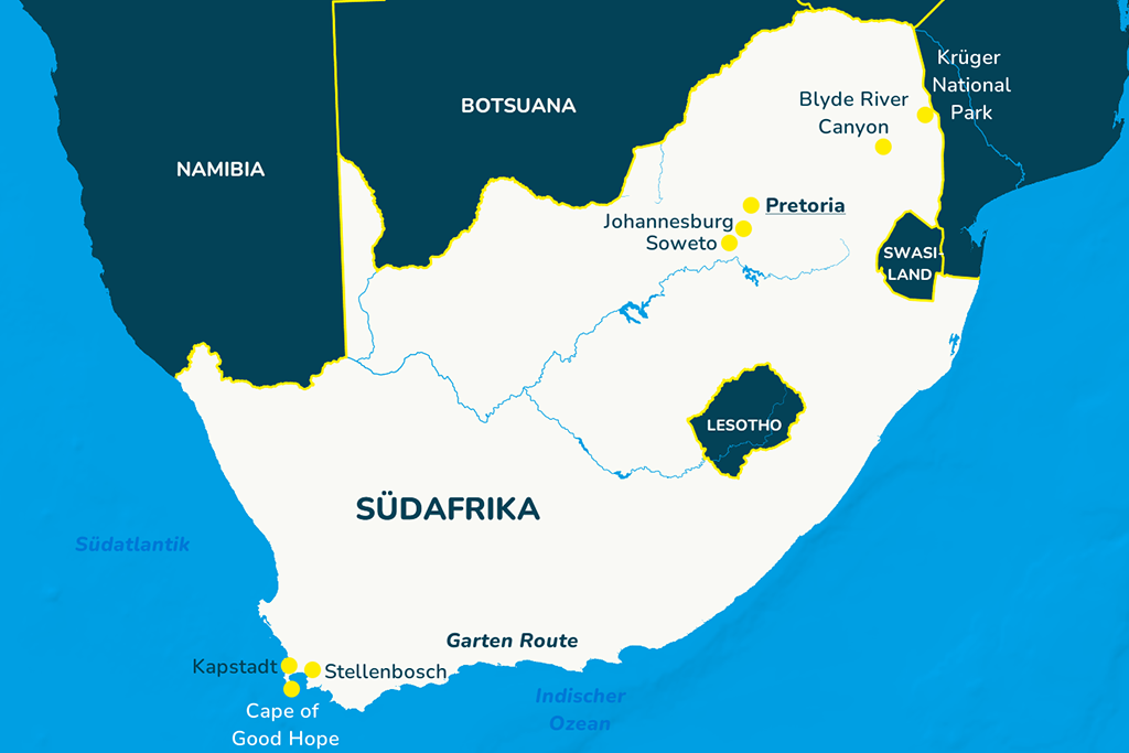 Die Landkarte von Südafrika mit der Hauptstadt Pretoria und weiteren Städten sowie den Nachbarländern.