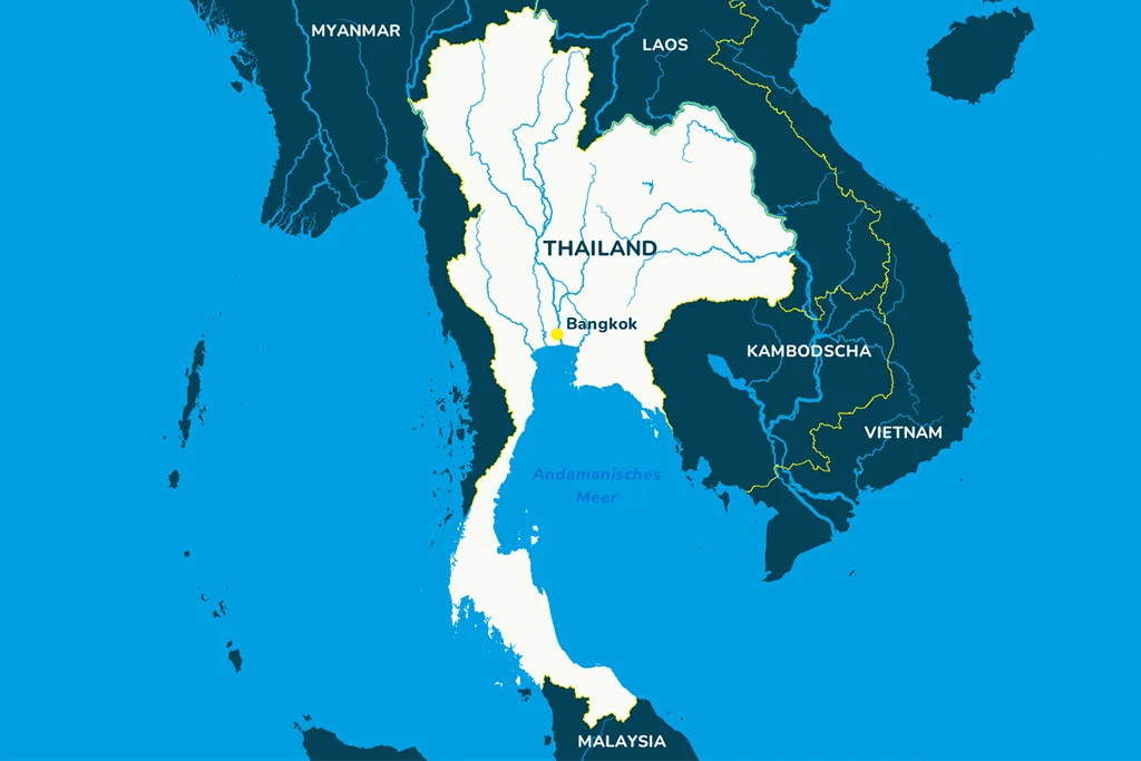 Die Landkarte von Thailand mit der Hauptstadt Bangkok und den Nachbarländern.
