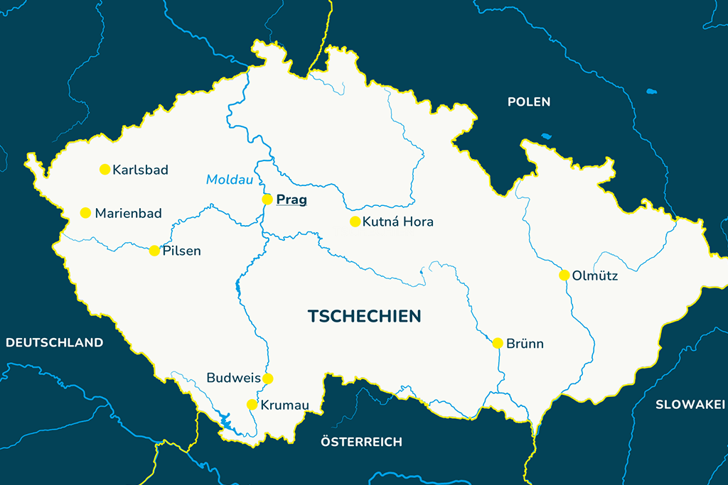 Die Landkarte von Tschechien mit der Hauptstadt Prag, der Moldau und weiteren Städten.