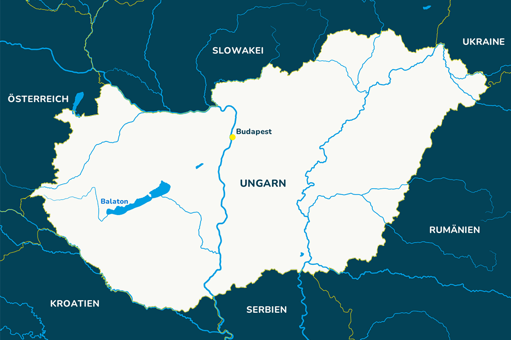 Die Landkarte von Ungarn mit der Hauptstadt Budapest und den Nachbarländern.
