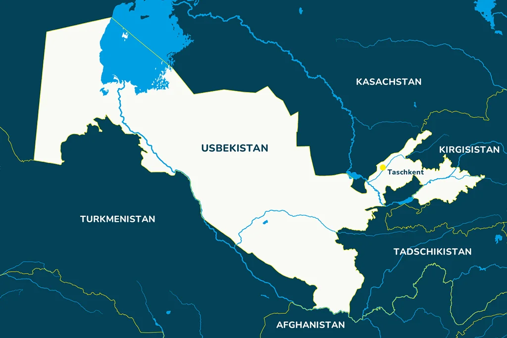 Die Landkarte von Usbekistan mit der Hauptstadt Taschkent und den Nachbarländern.