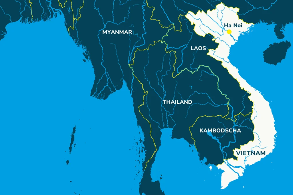 Die Landkarte von Vietam mit der Hauptstadt Ha Noi und den Nachbarländern.