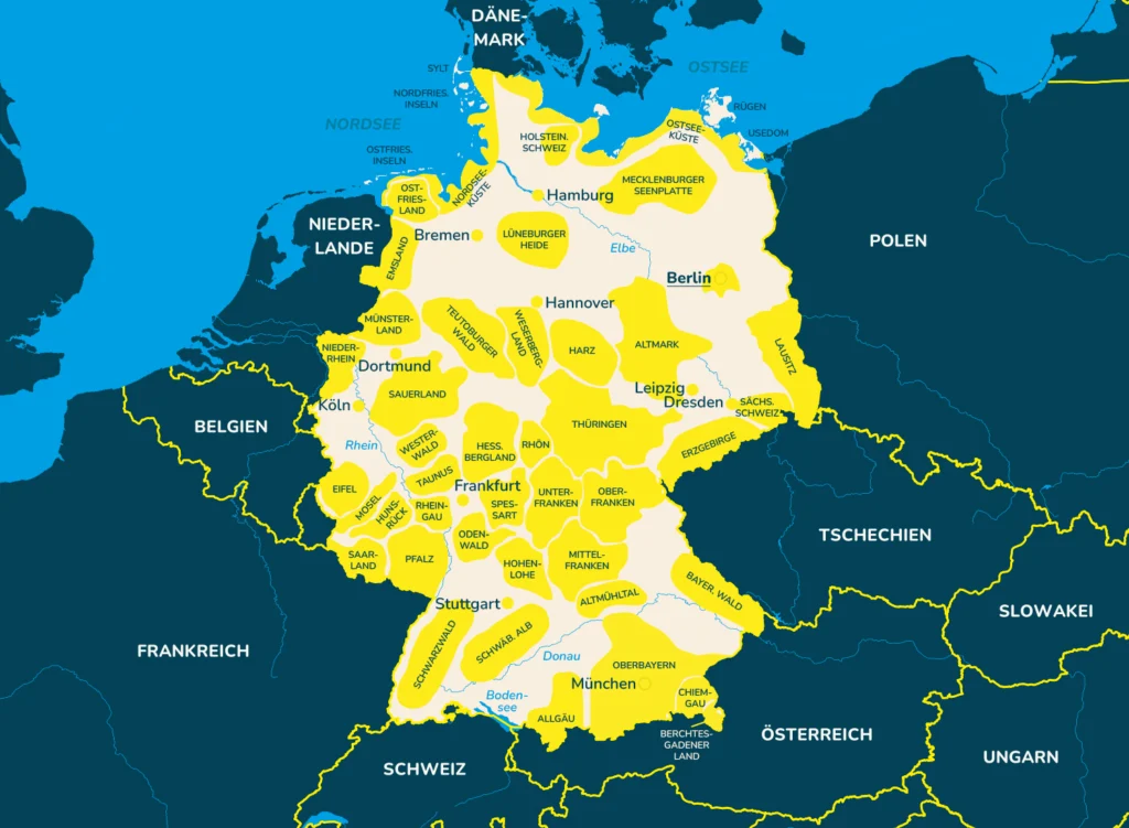 Die Landkarte von Deutschland mit seinen vielfältigen Regionen, Landeshauptstädten und Nachbarländern.