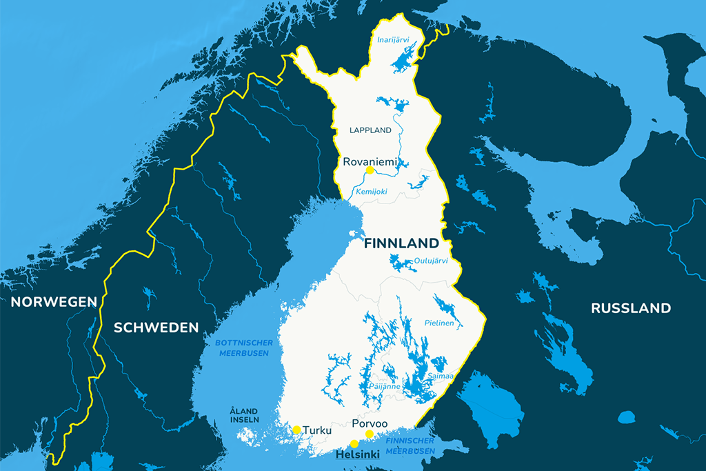 Die Landkarte von Finnland mit den einzelnen Regionen und der Hauptstadt Helsinki