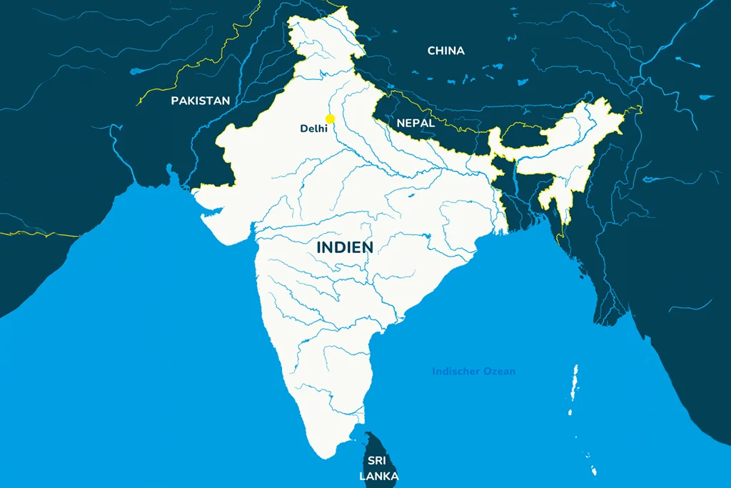 Die Landkarte von Indien mit der Hauptstadt Delhi und den Nachbarländern.
