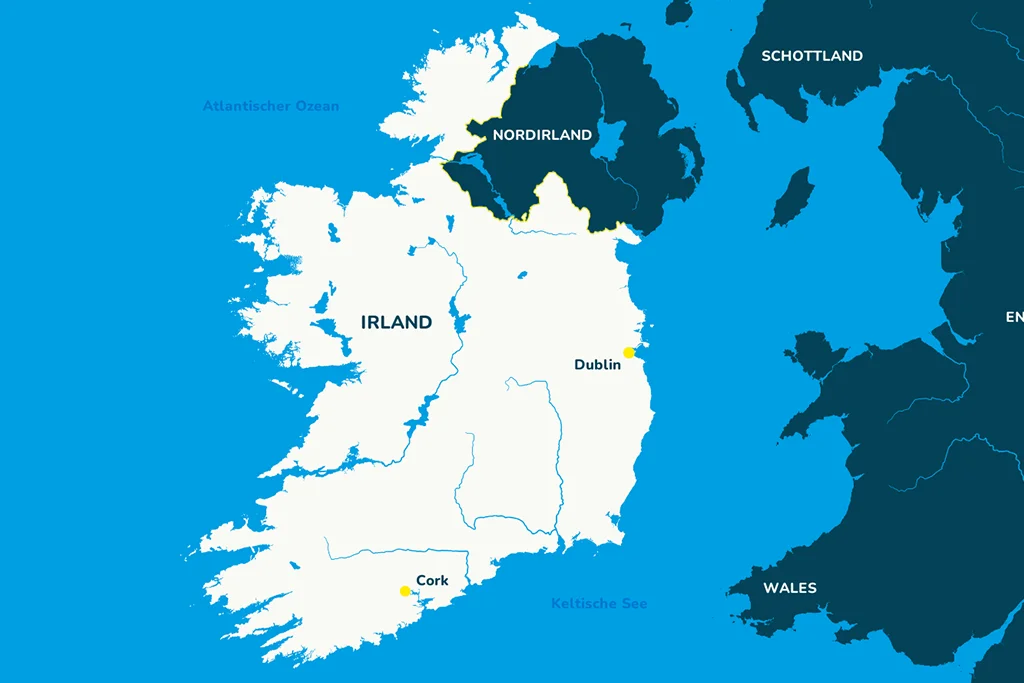 Landkarte von Irland mit der Hauptstadt Dublin und der Stadt Cork