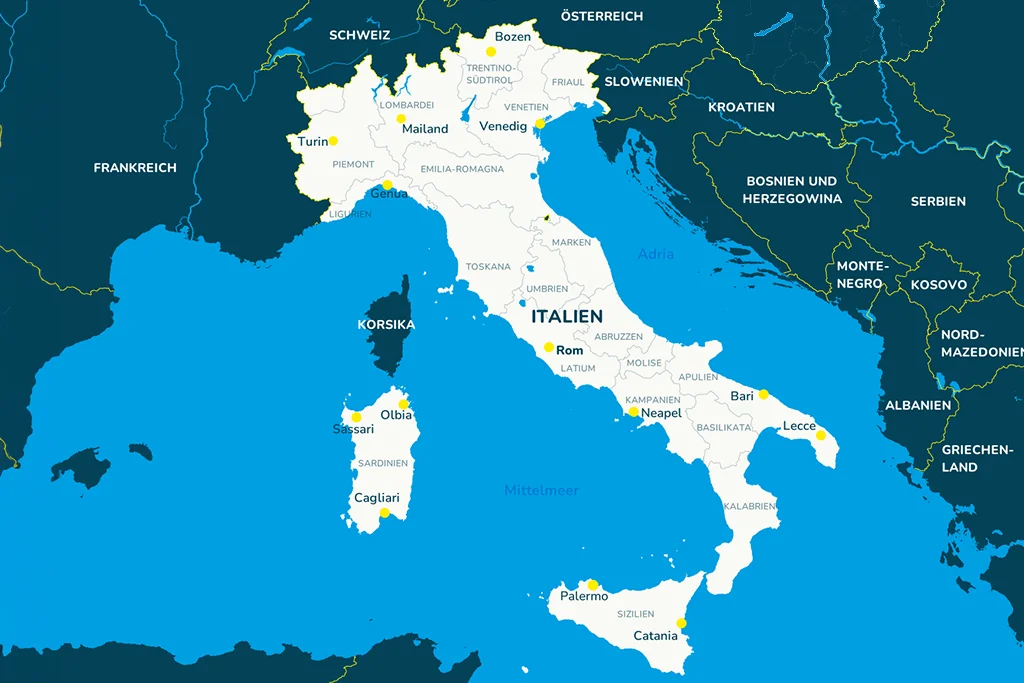 Die Landkarte von Italien mit den verschiedenen Regionen, bekannten Städten und den Nachbarländern.
