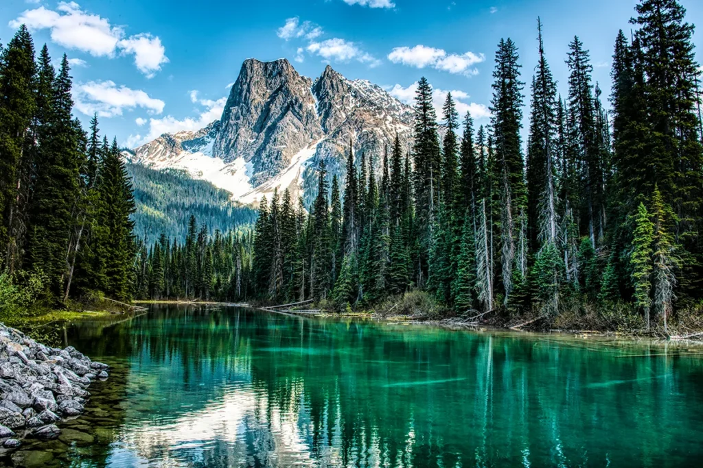 Ein smaragdgrünen See in Kanada, umgeben von dichtem Nadelwald und überragt von schneebedeckten Bergen unter einem strahlend blauen Himmel.