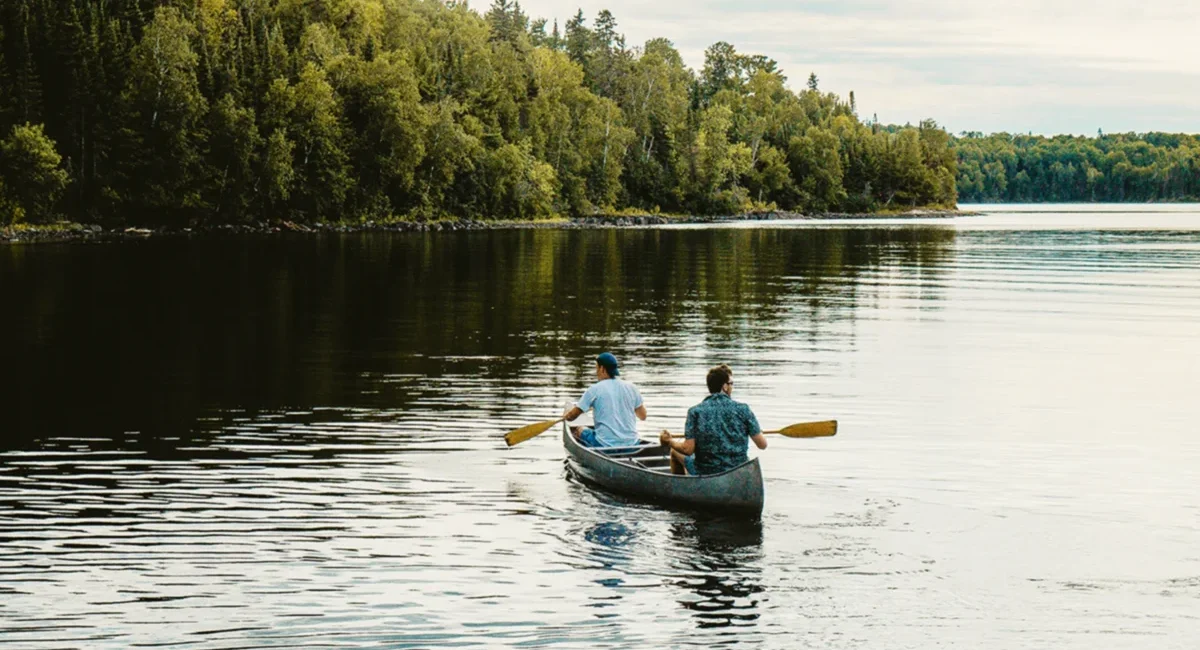 Zwei Männer sitzen in einem Kanu und fahren über einen idyllischen See in Kanada, der von viel Wald umgeben ist.