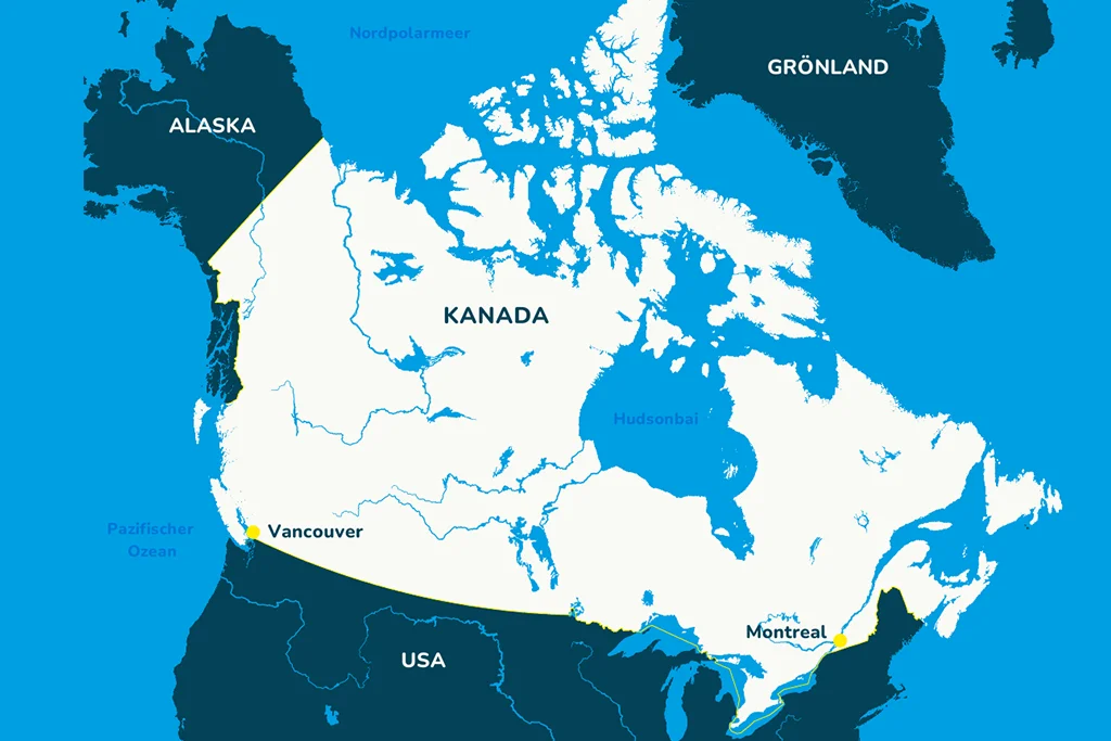 Die Landkarte von Kanada mit den Städten Vancouver und Montreal sowie den Nachbarländern.