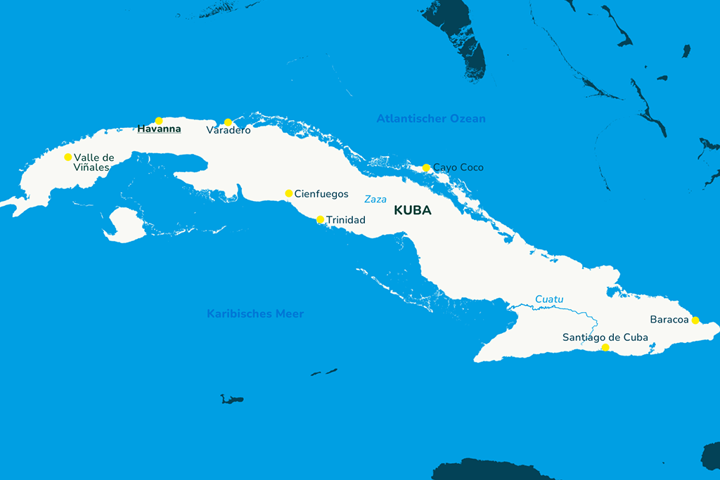Die Landkarte von Kuba mit der Hauptstadt Havanna und weiteren bekannten Städten.