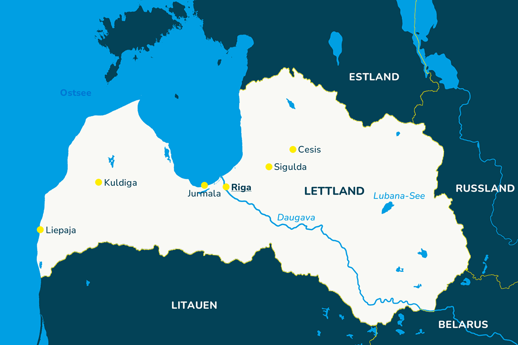 Die Landkarte von Lettland mit bekannten Städten und Nachbarländern.