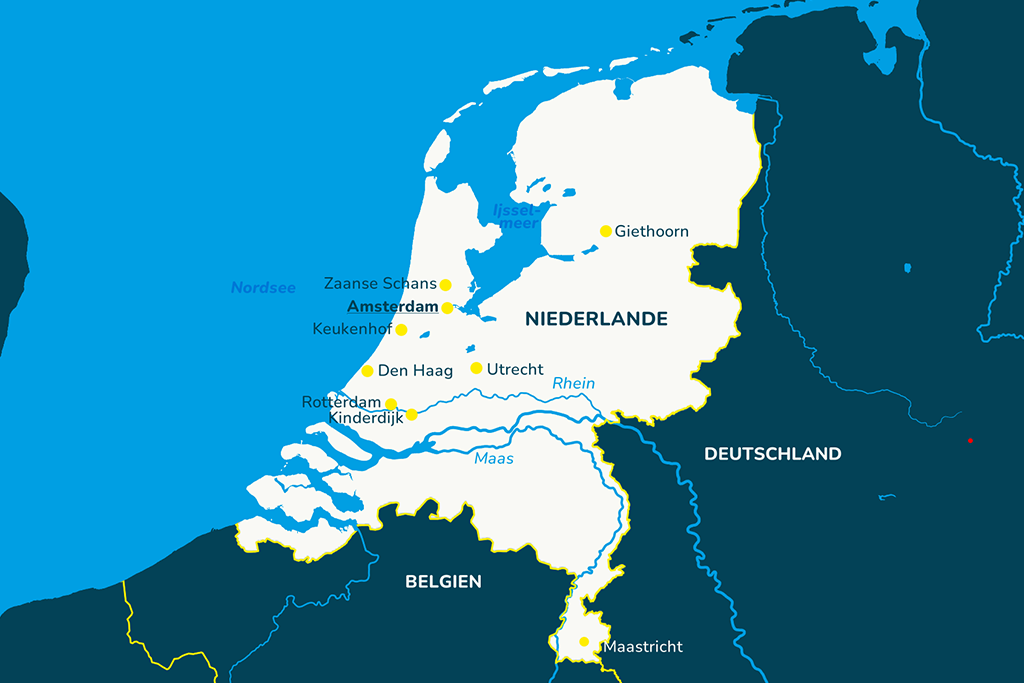 Die Landkarte von den Niederlanden mit bekannten Städten und den Nachbarländern.