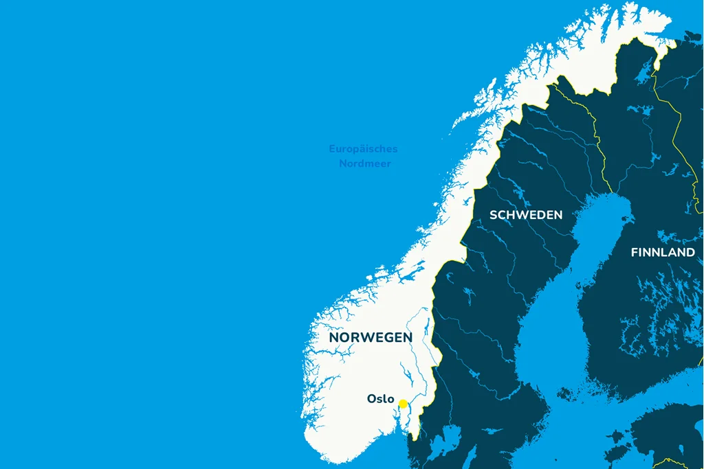 Die Landkarte von Norwegen mit der Hauptstadt Oslo und den Nachbarländern.