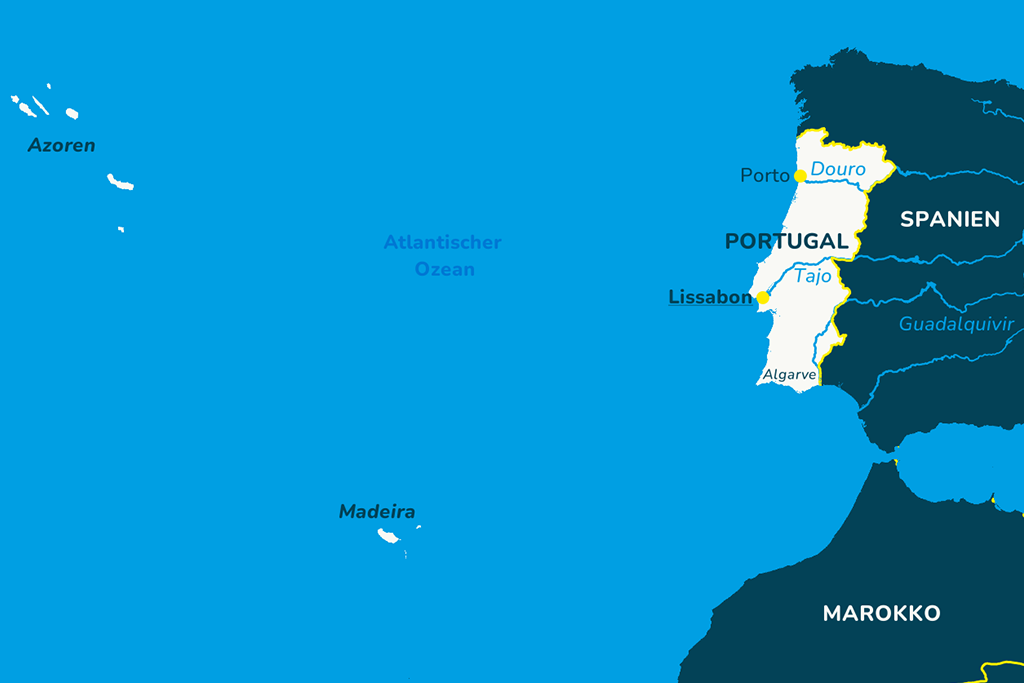 Die Landkarte von Portugal mit Festland, Azoren und Madeira.