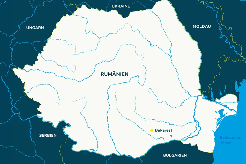 Die Landkarte von Rumänien mit der Hauptstadt Bukarest und den Nachbarländern.