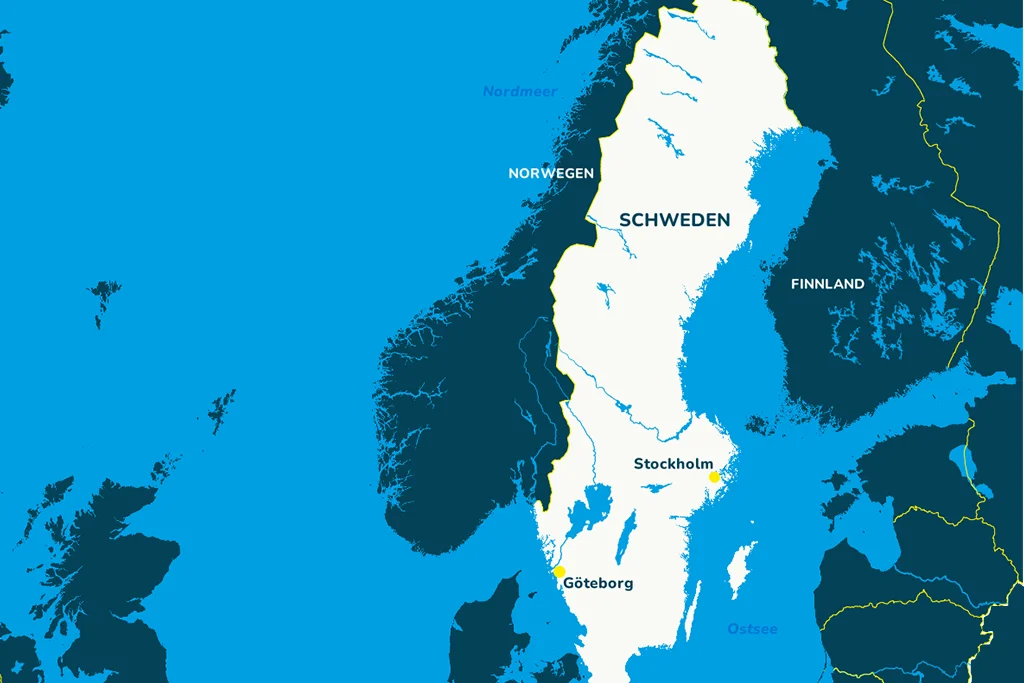 Die Landkarte von Schweden mit den Städten Stockholm und Göteborg sowie den Nachbarländern.