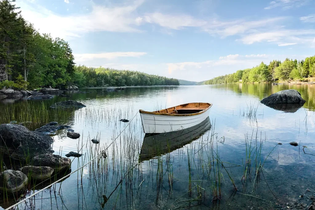 Ein idyllischer schwedischer See mit einem kleinen Ruderboot, umgeben von grünem Wald.