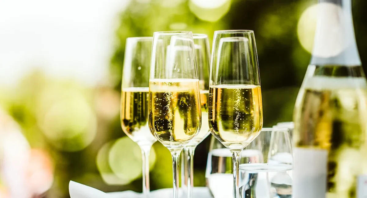 Prickelnde Gläser mit Champagner stehen auf einem Tisch in der französischen Champagne.