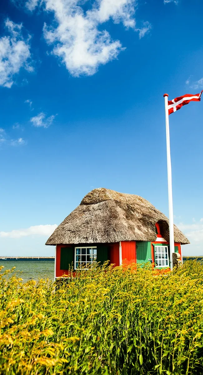 Ein rotes dänisches Reetdachhaus mit dänischer Fahne direkt am Meer.