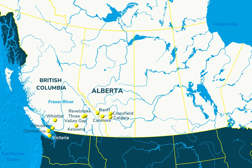 Die Landkarte von Westkanada mit den Reisezielen.