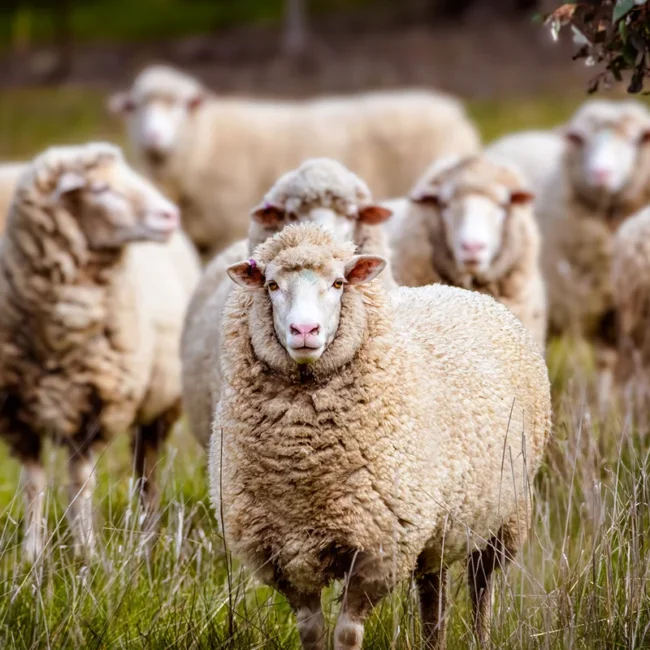 Mehrere Schafe stehen und grasen auf einer grünen Wiese in Australien. Die Tiere verteilen sich über die weite Weide in einer offenen, ländlichen Landschaft