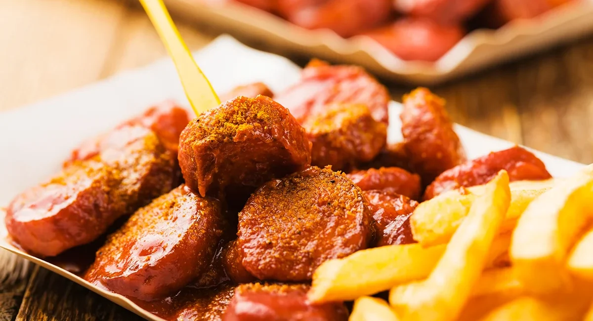 Eine Schale mit Currywurst und Pommes von einem Imbiss in Brandenburg.