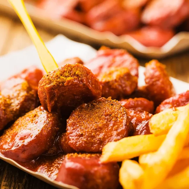 Eine Schale mit Currywurst und Pommes von einem Imbiss in Brandenburg.
