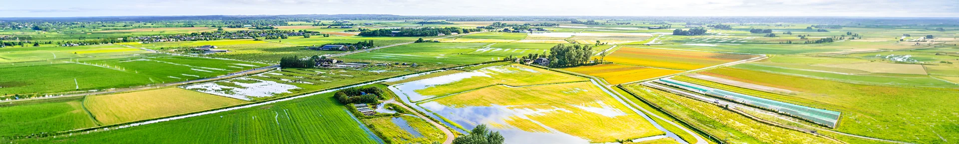 Weites Panorama der Polderlandschaft in den Niederlanden mit flachem Ackerland und Feldern. Kanäle und landwirtschaftliche Flächen prägen die offene Landschaft.