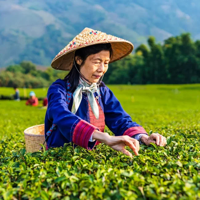 Eine ältere Frau trägt einen traditionellen spitzen Hut und erntet Teeblätter auf einer Teeplantage in Thailand.