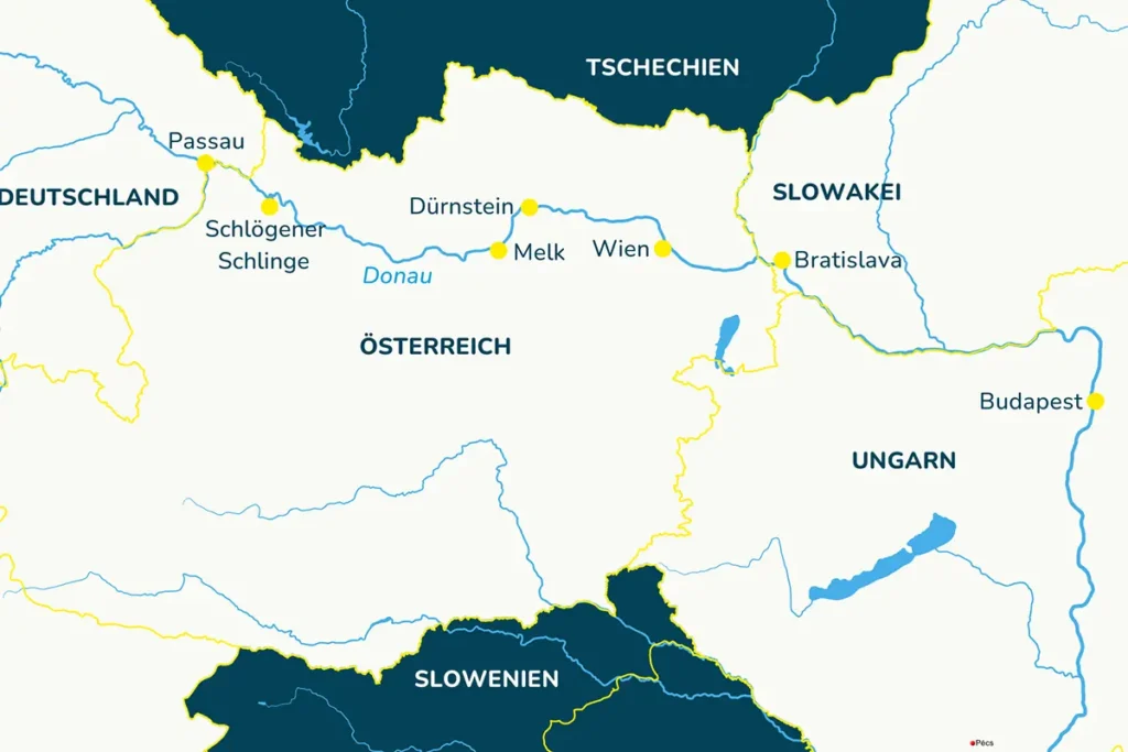Karte zur Flusskreuzfahrt auf der Donau