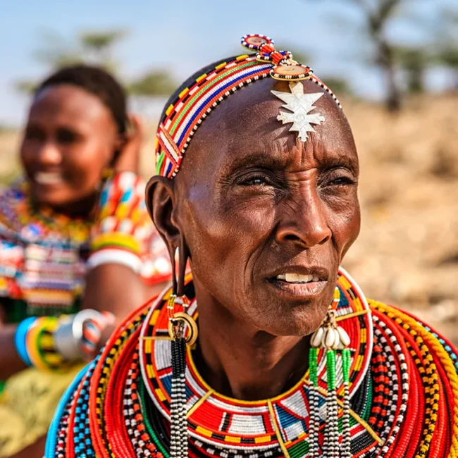 Eine ältere Frau der Massai in ihrer traditionellen, farbenprächtigen Kleidung und mit aufwendigem Perlenschmuck vor einer sonnigen, trockenen Landschaft in Kenia.