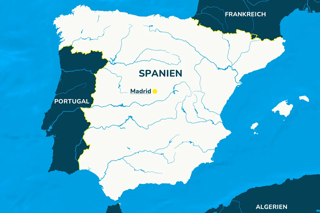 Eine Landkarte von Spanien, mit den angrenzenden Ländern und der Hauptstadt Madrid