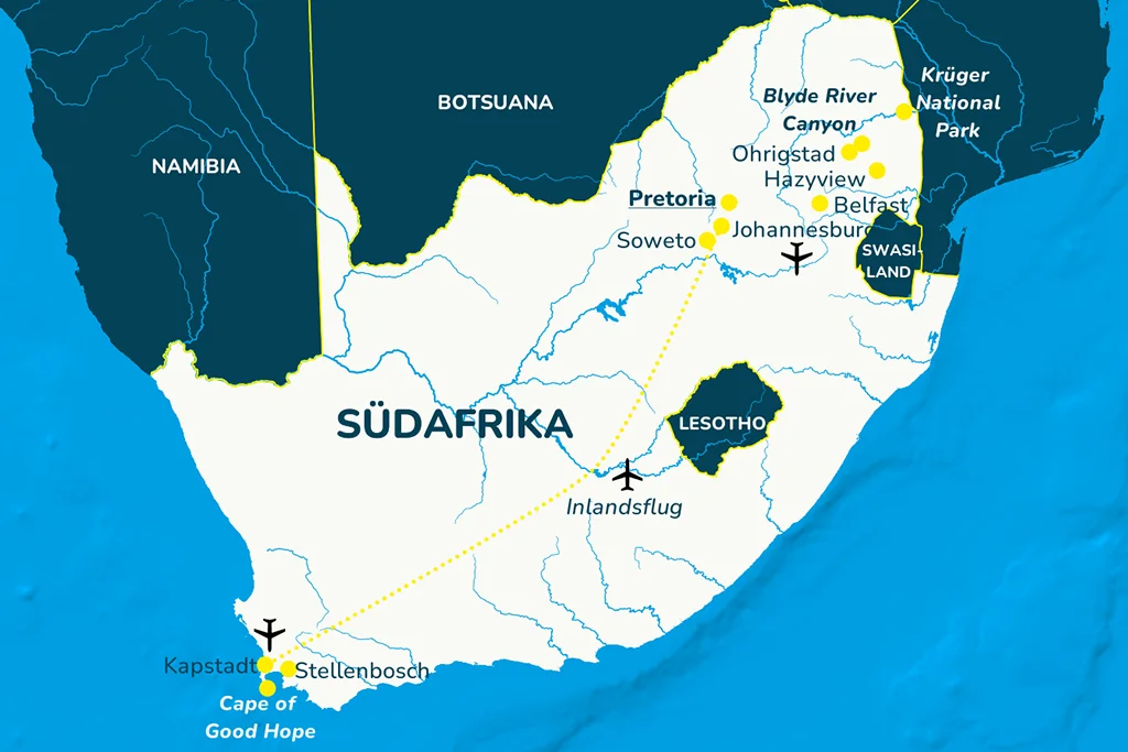 Die Landkarte Südafrikas mit den Reisezielen und der Inlands-Flugroute
