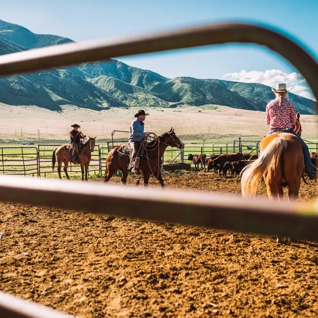 Cowboys treiben Rinder in den USA durch ein Gehege auf einer Ranch.