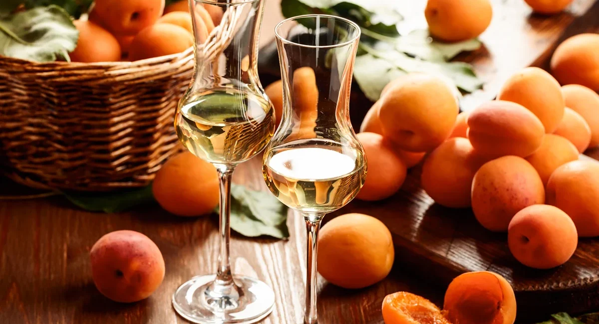 Zwei gefüllte Edelbrandgläser mit Marillenschnaps auf einem rustikalen Holztisch mit vielen frischen Marillen in der Wachau.