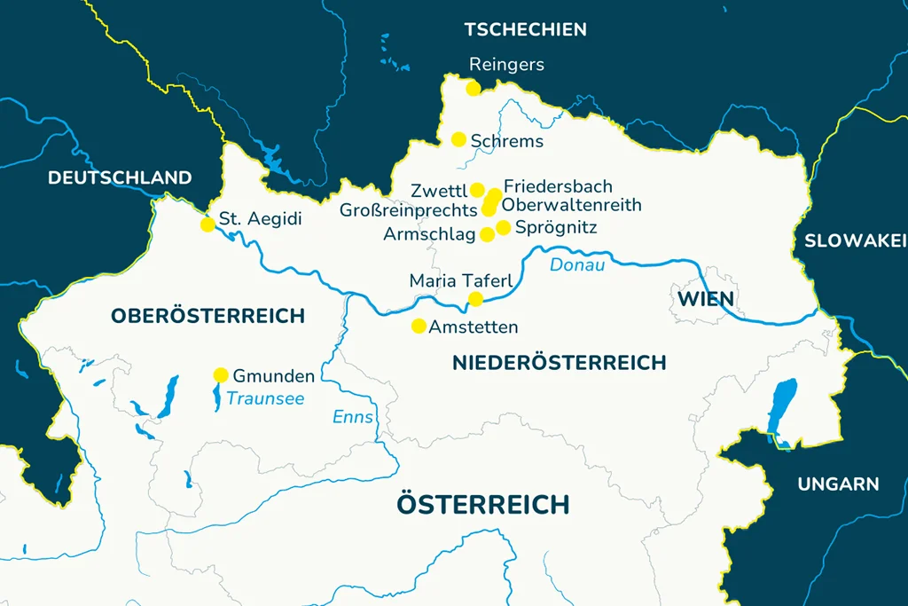 Die Landkarte von Österreich mit den Reisezielen im Waldviertel.